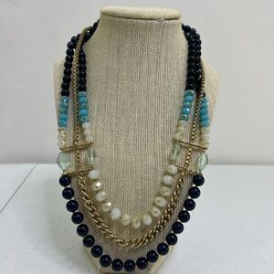 The Limited‎ Necklace Blue Beaded Statement Gold Tone Chain Multi Strand Vtg